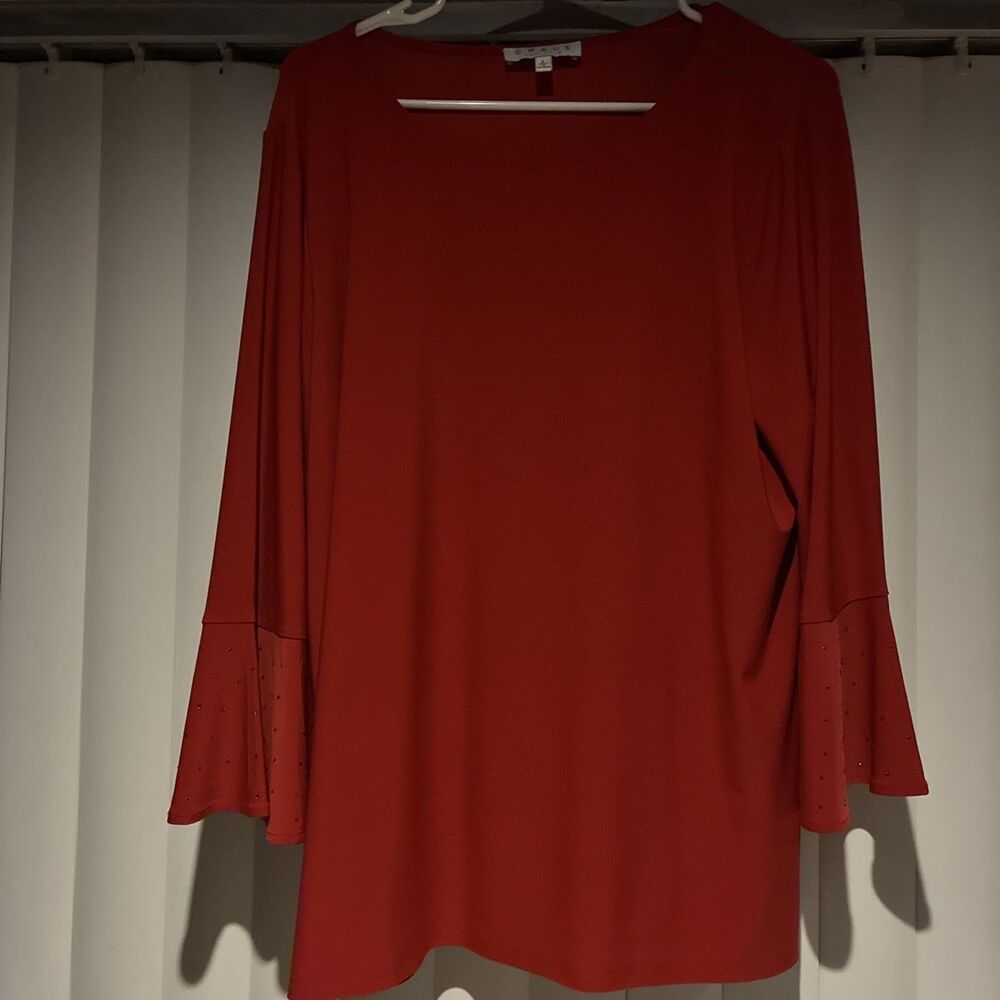 Chaus New York Red Tunic Blouse-Bell Sleeves,Embellished Cuffs,Side Slits-Size L